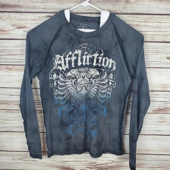 Affliction Live Fast Mens Large Gray Long Sleeve Shirt Top - Picture 1 of 8